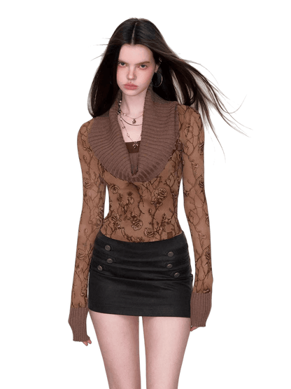 Draped Cowl-Neck Patchwork Knit Sweater