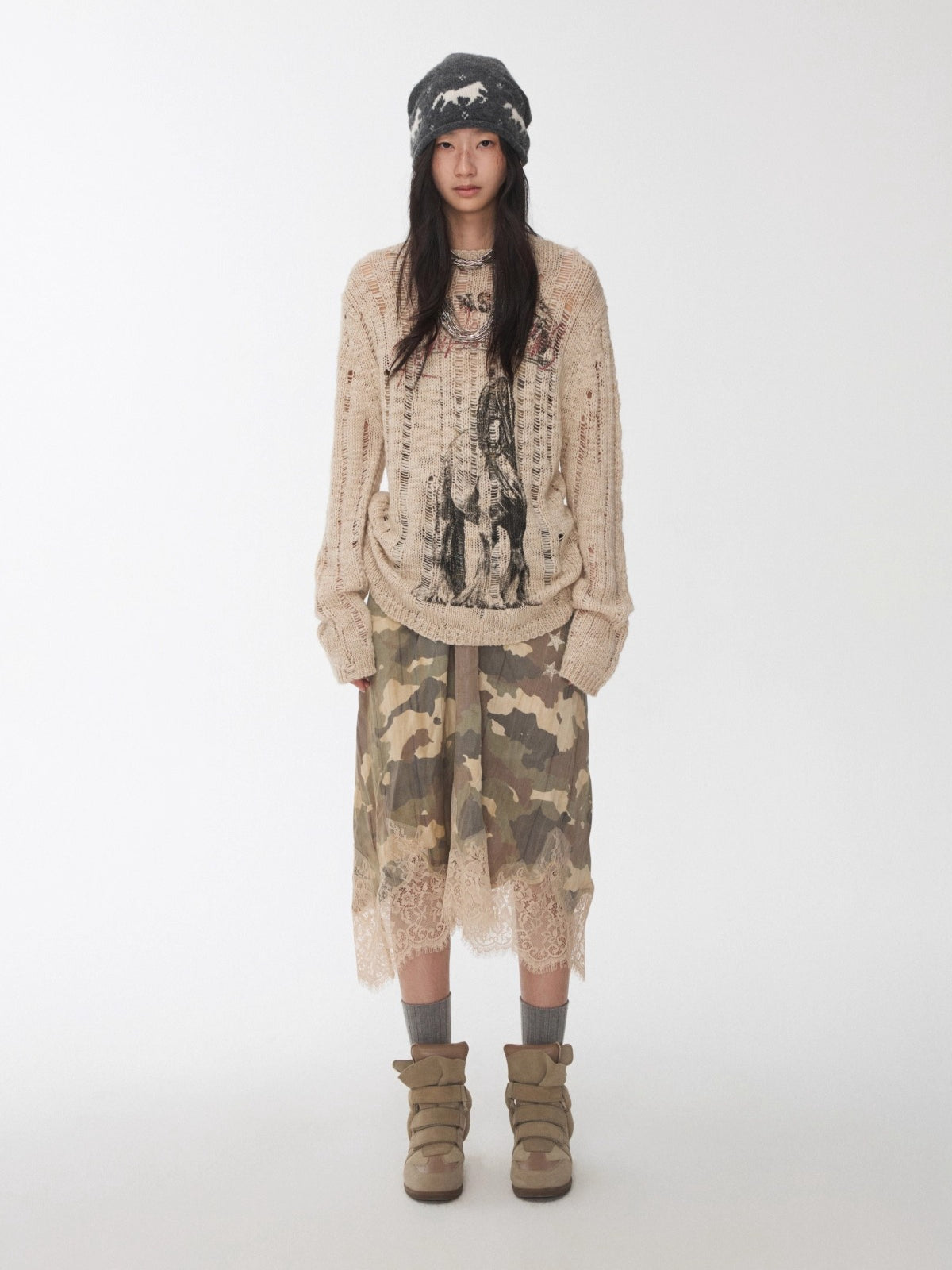 Camouflage Lace-Trim Printed Slip Dress