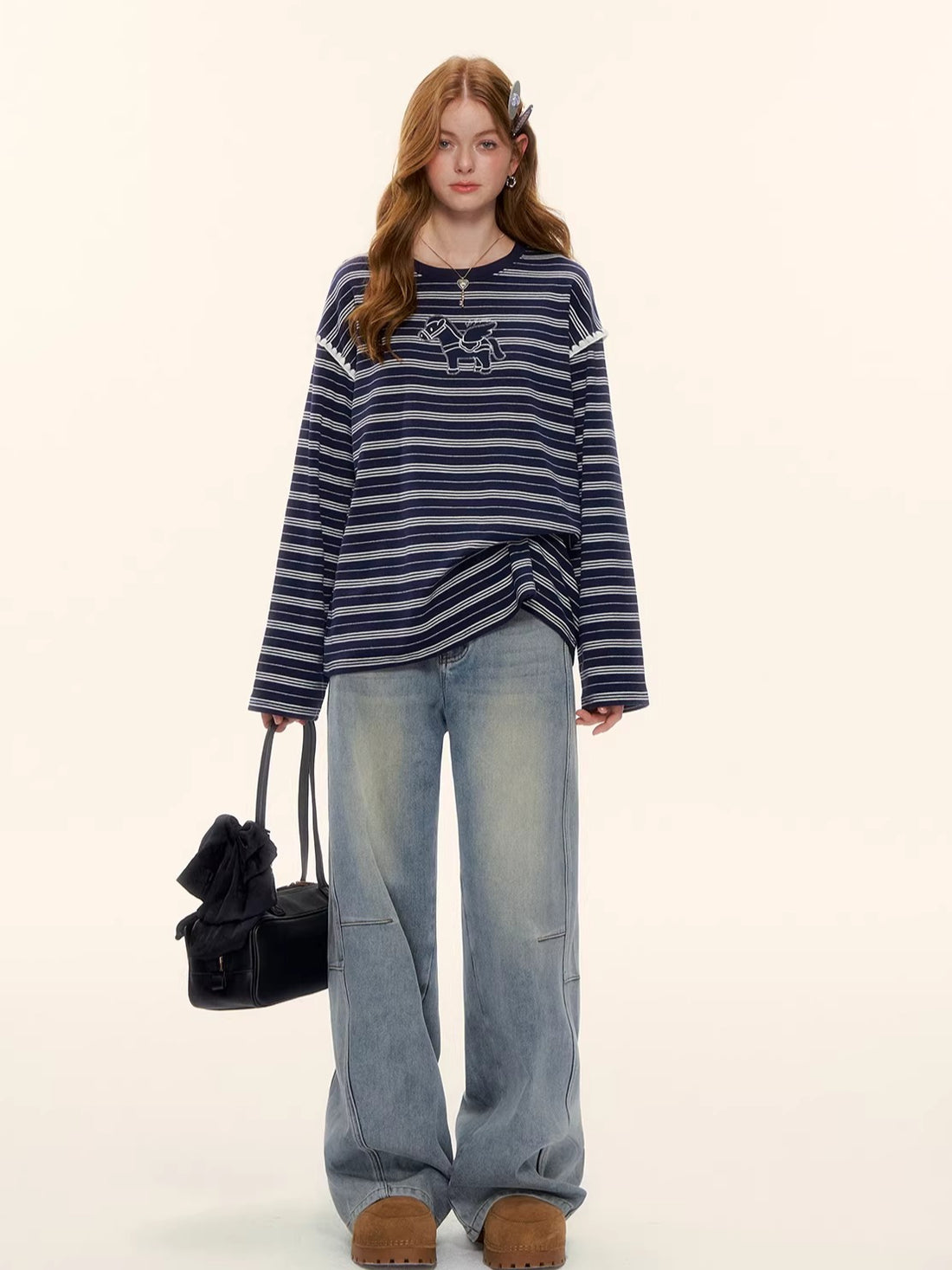 Contrast Stripe Crewneck Long-Sleeve T-Shirt