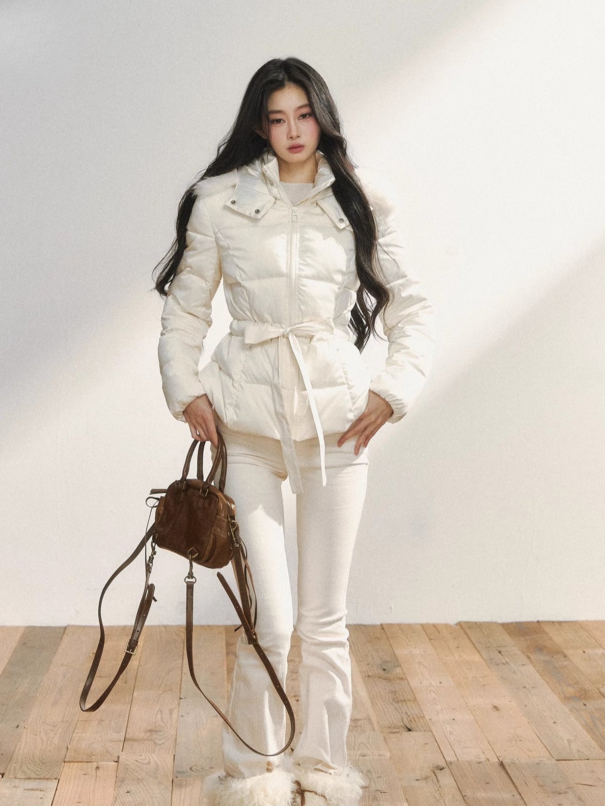 White High-Waist Flared Draped Pants