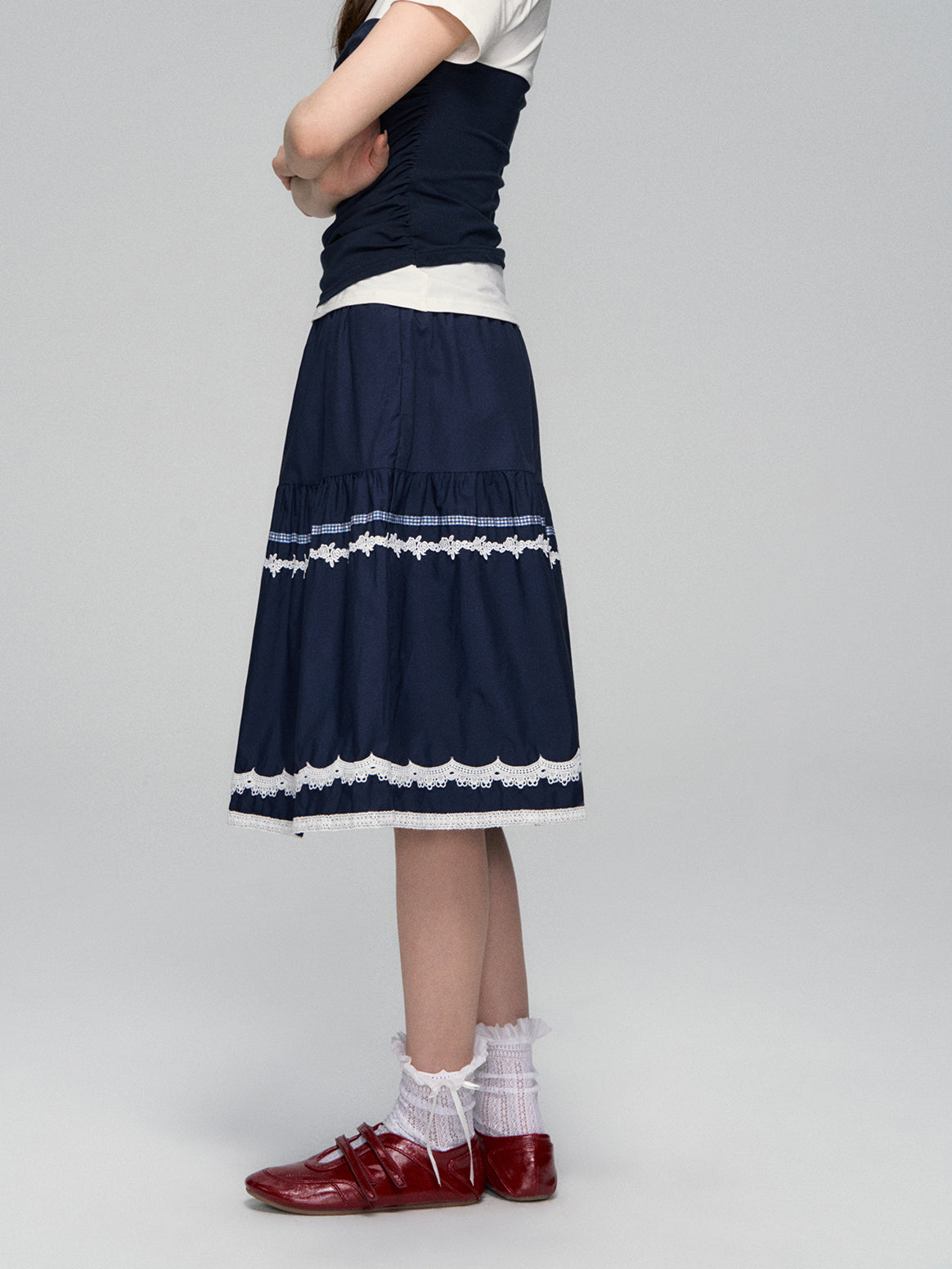 Lace-Trim A-line Midi Skirt