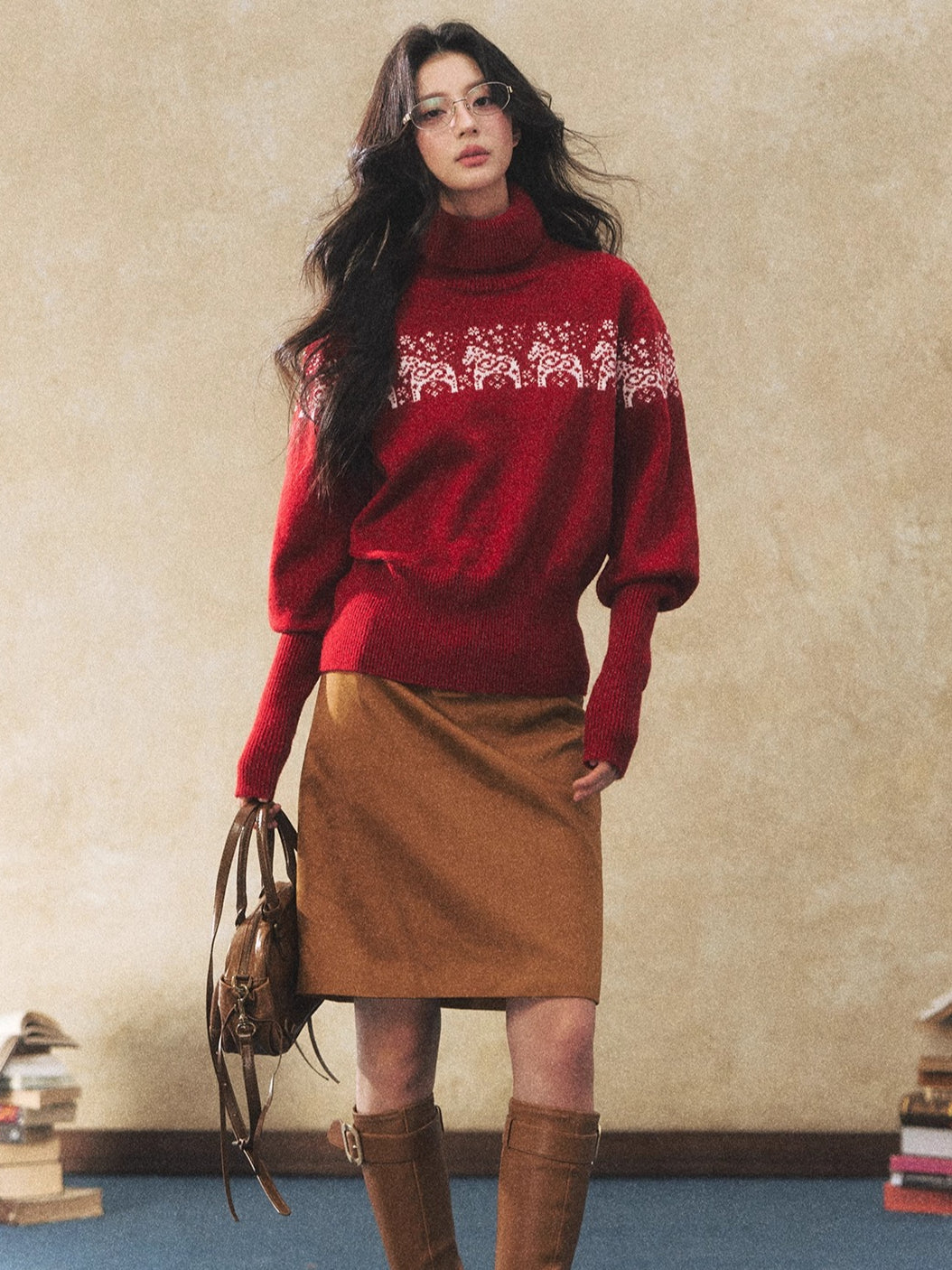Dual-Tone Knit Turtleneck Sweater