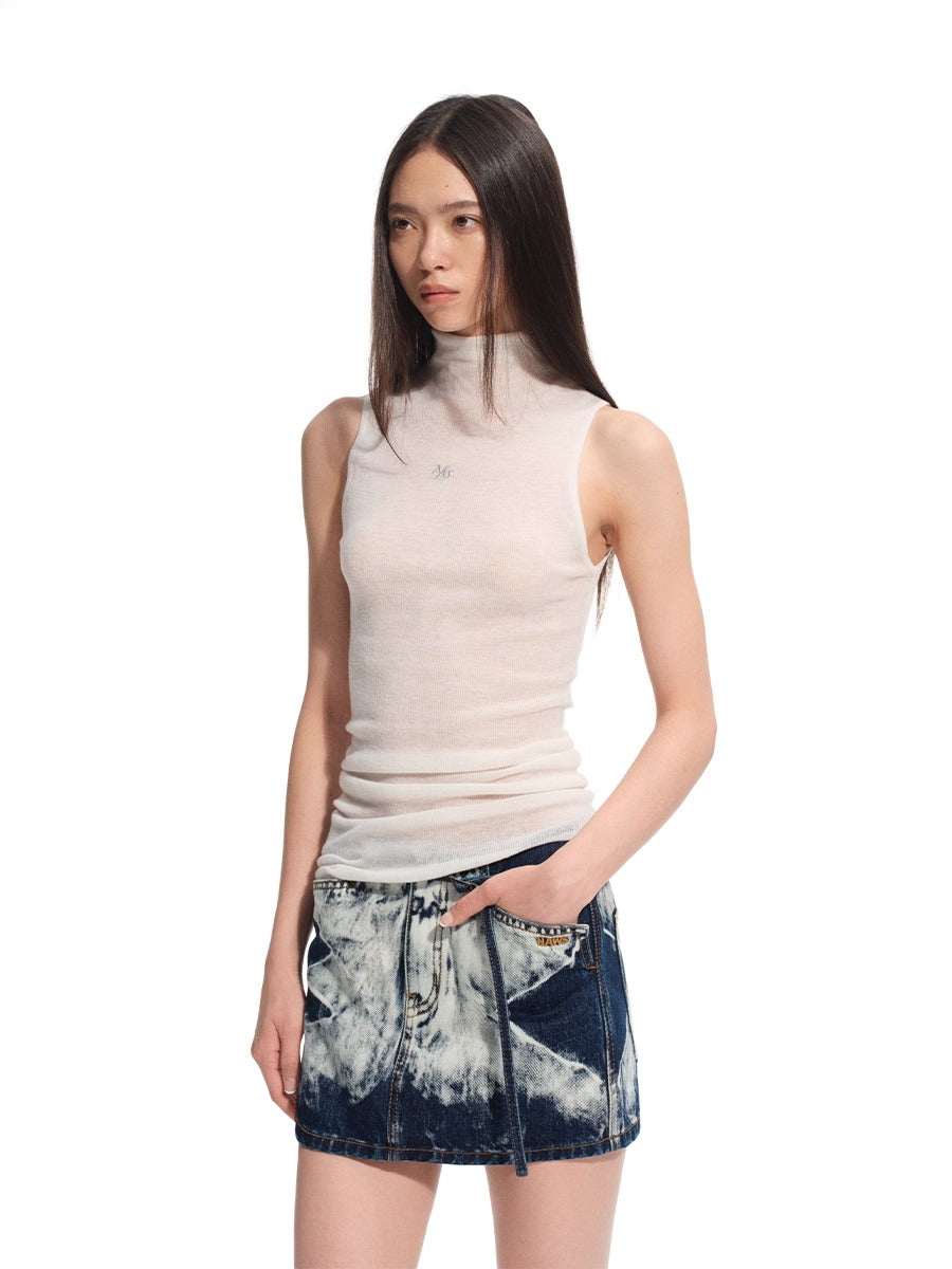 “Djembe Series” 100% Wool Asymmetric Hem Turtleneck T-shirt