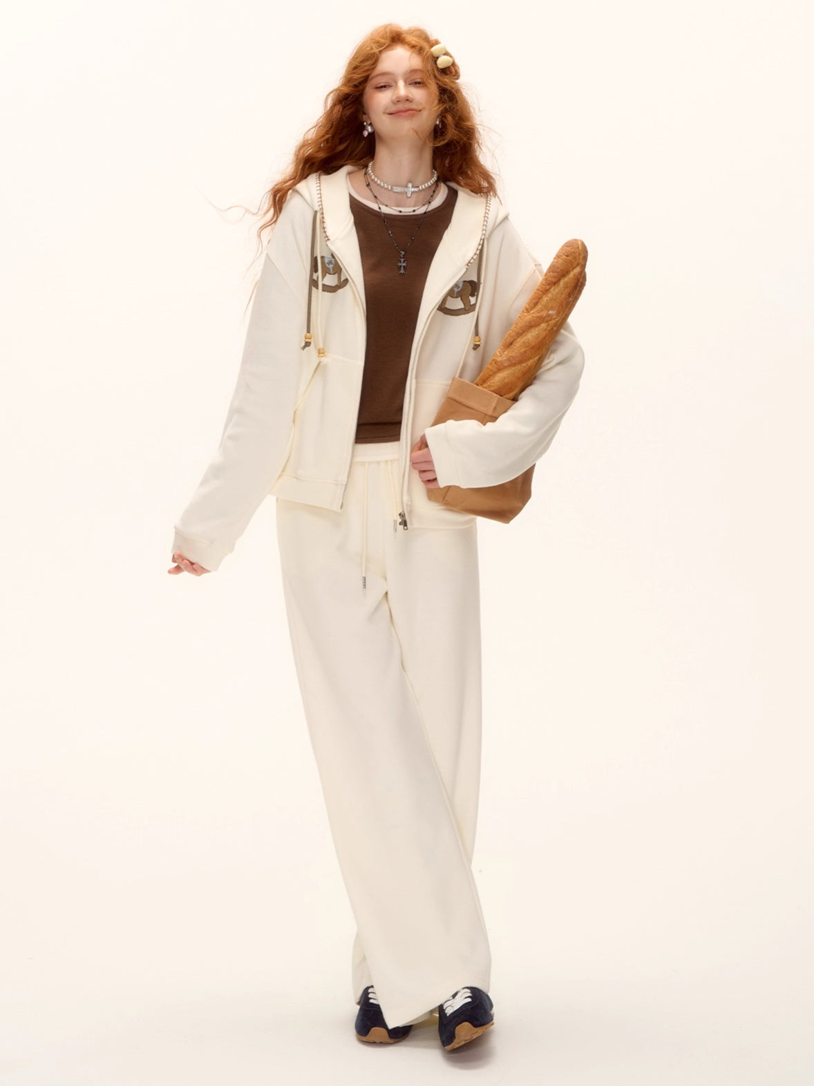 Embroidered Horse Beaded Zip-up Hoodie &amp; Pants Set