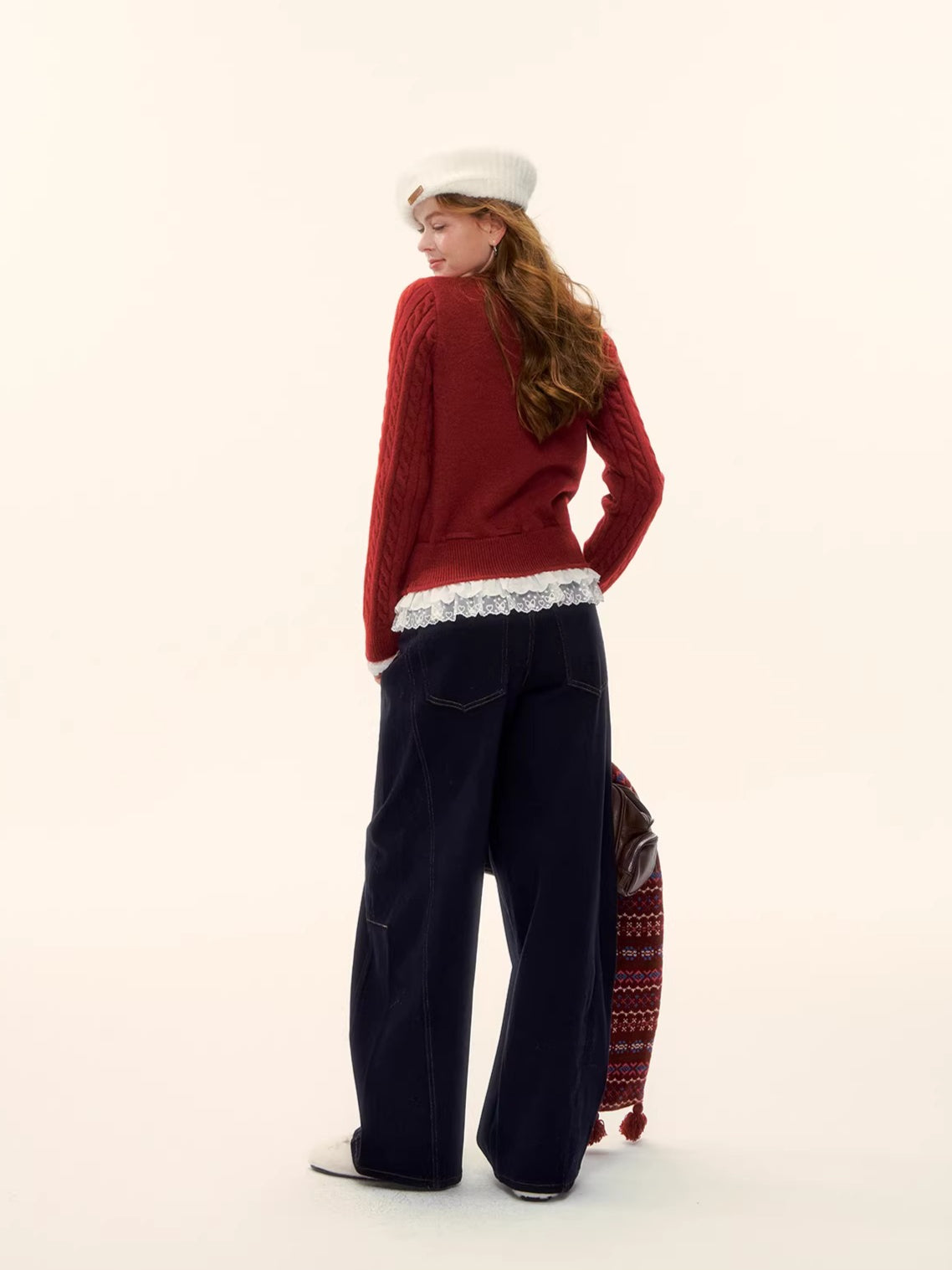 Cable Knit Lace-Hem Drawstring Sweater