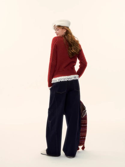 Cable Knit Lace-Hem Drawstring Sweater