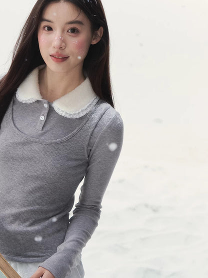 Faux Layered Knit Long Sleeve T-Shirt