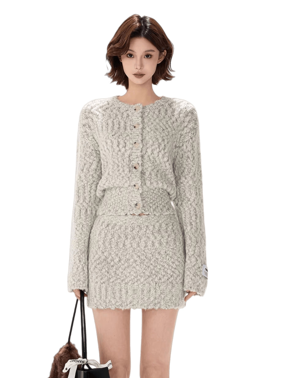Knit Cardigan &amp; Mini Skirt Tweed-Style Set