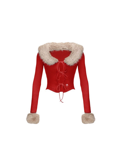 Eco-Friendly Fox Fur Removable Tie Knit Cardigan