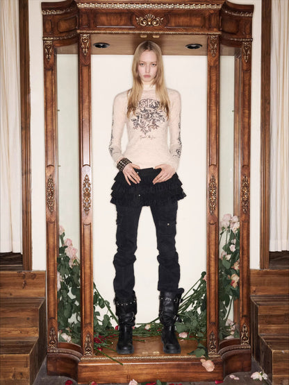 Washed Utility Low-Rise Flared Pants