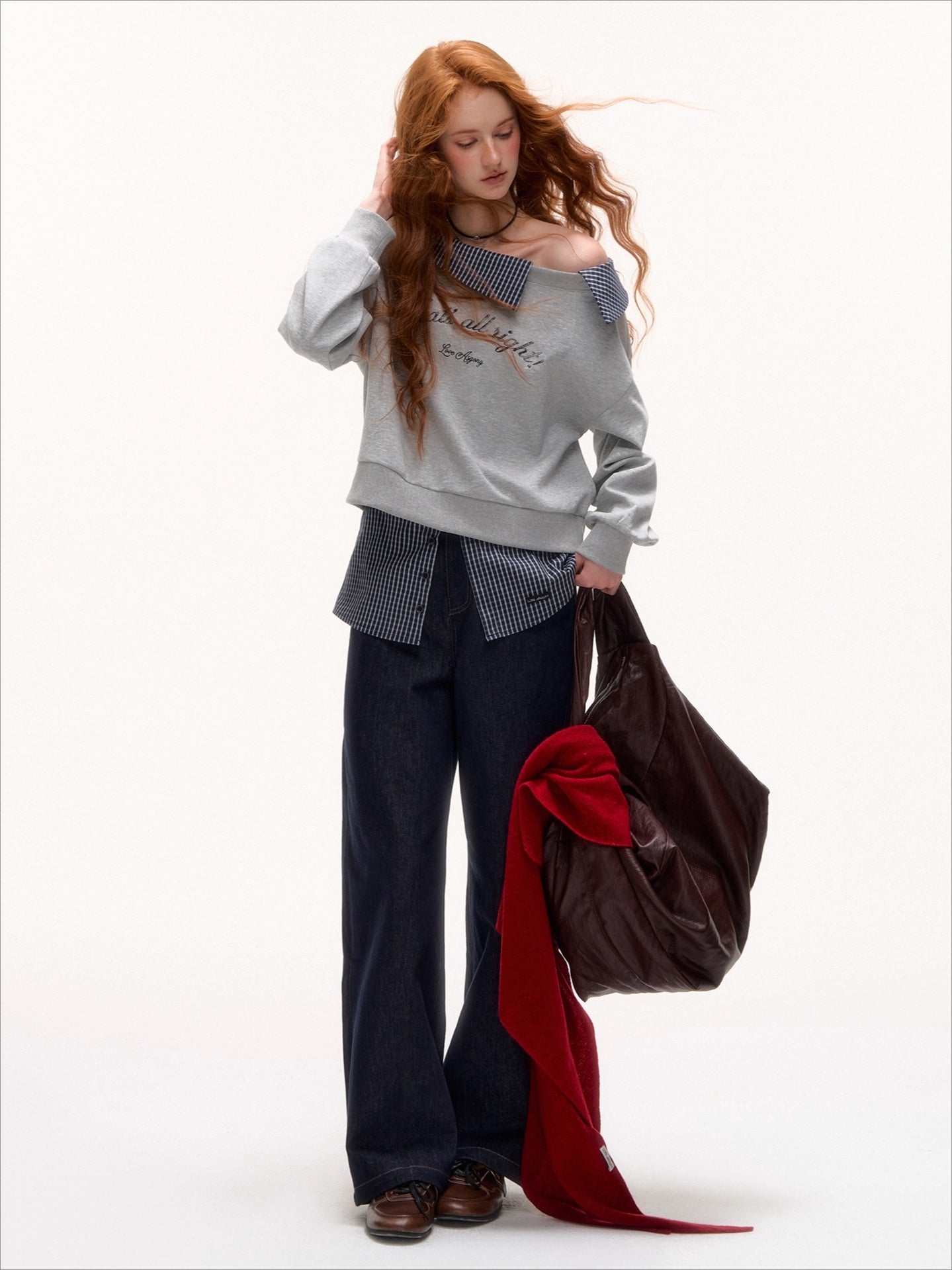 Plaid Patchwork Faux Two-Piece Straight-Leg Jeans