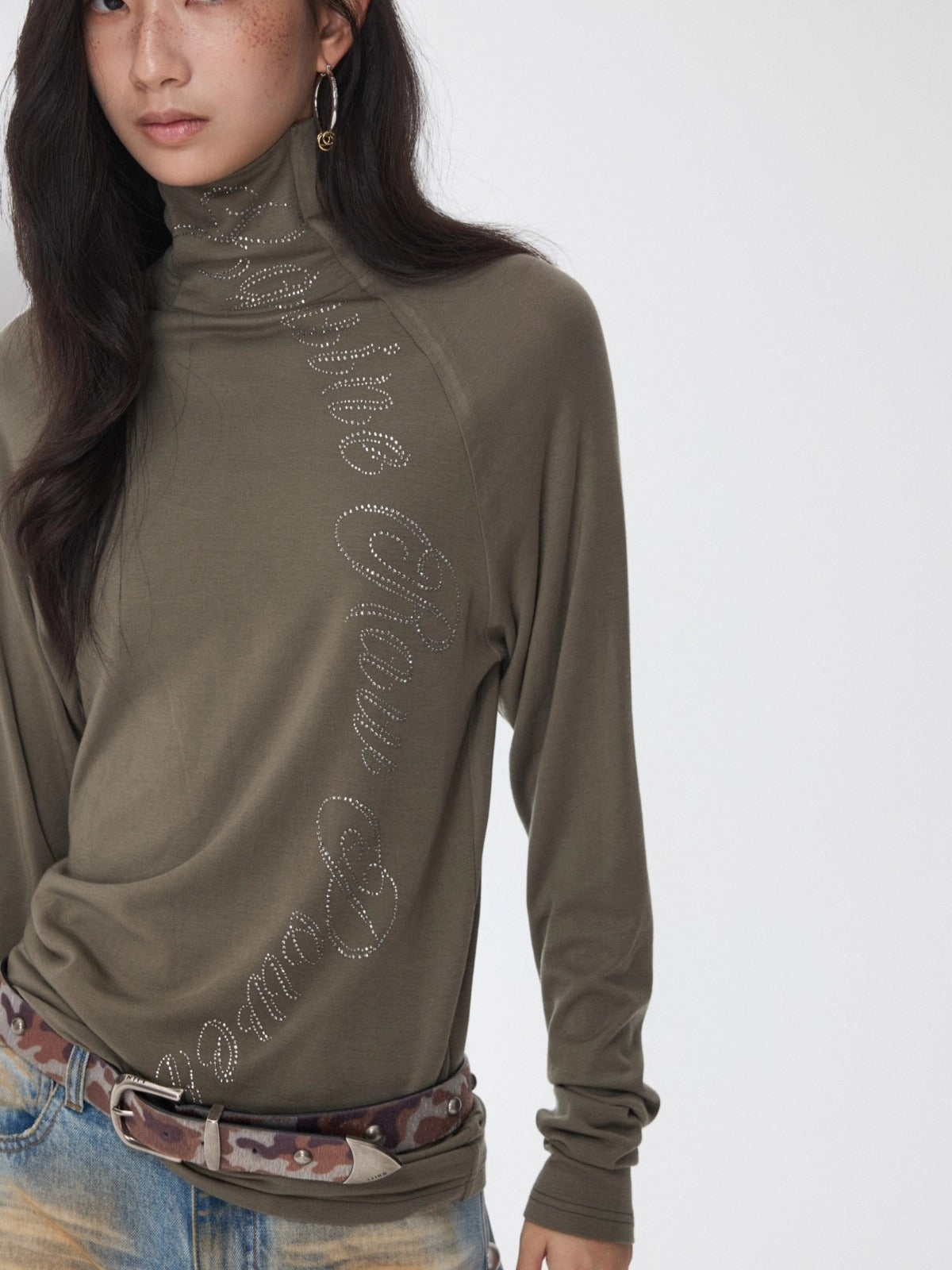 Rhinestone High-Neck Raglan Knit T-Shirt