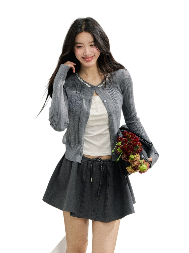 Handmade Rhinestone Collar Rose-Embroidered Knitted Cardigan - CHINASQUAD