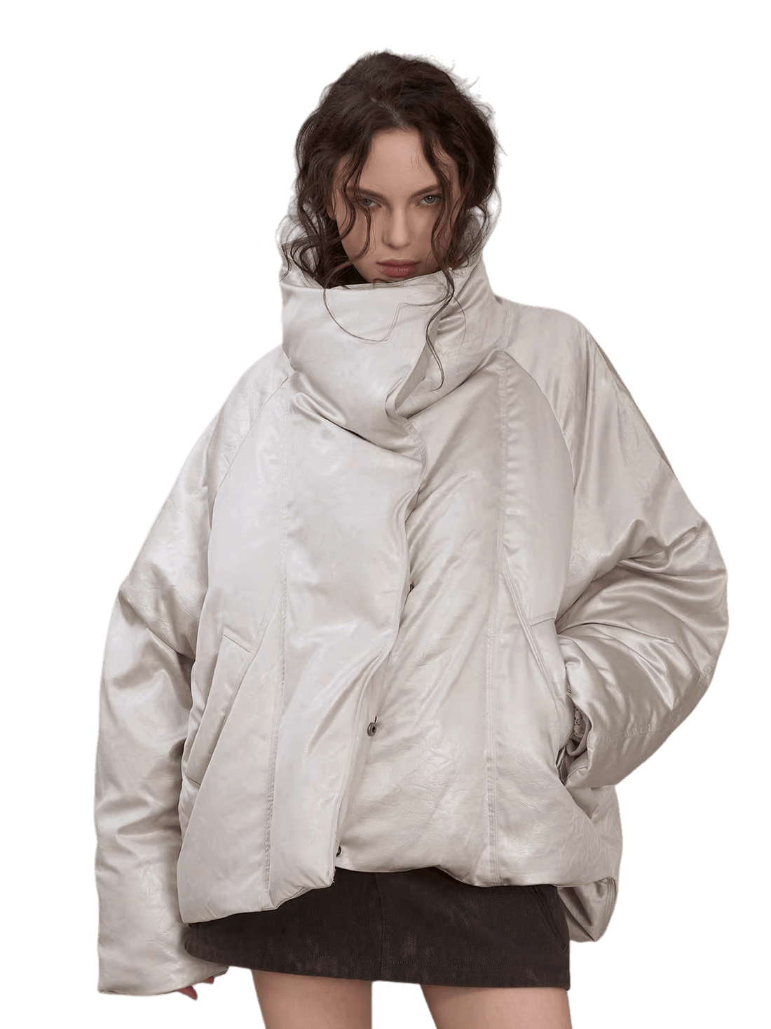 Oversized Leather-Texture Down Jacket