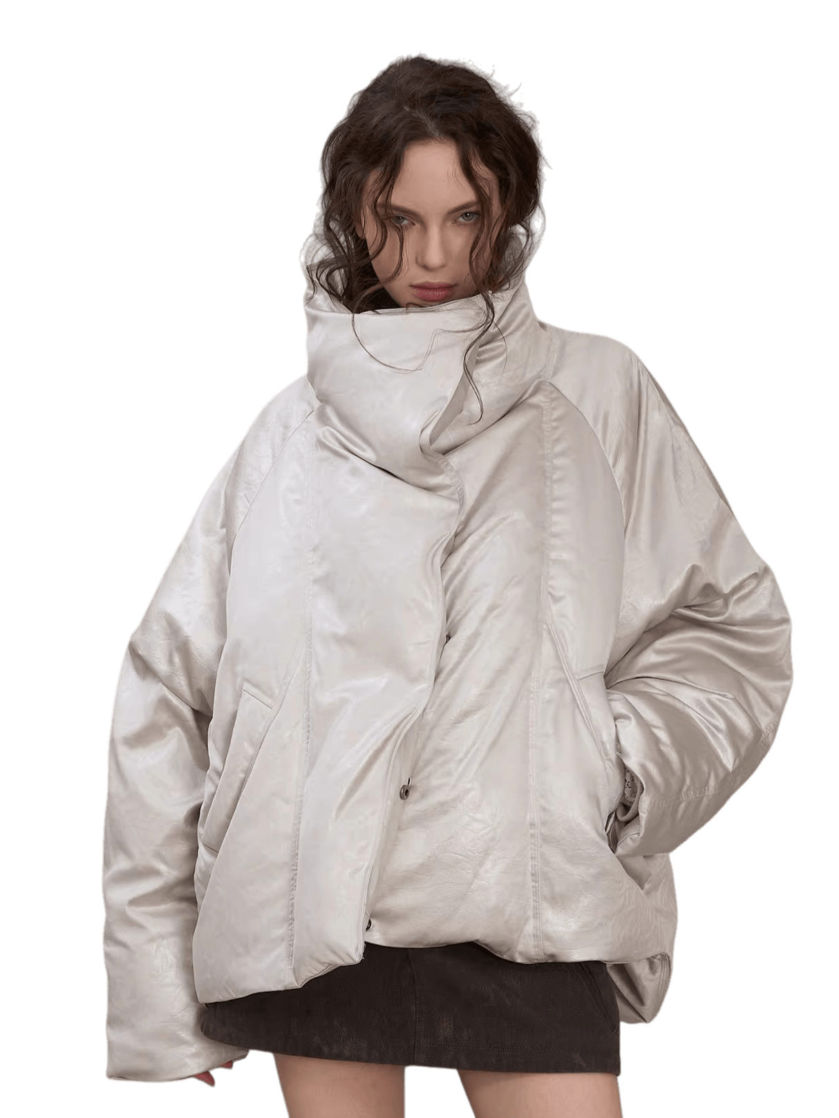 Oversized Leather-Texture Down Jacket