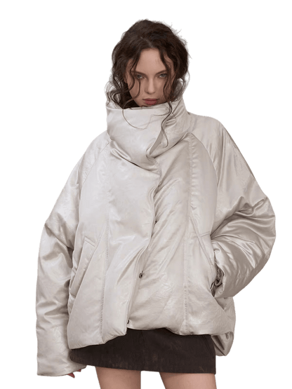 Oversized Leather-Texture Down Jacket
