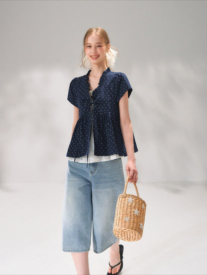 Ruffled Trim Polka Dot Layered Blouse