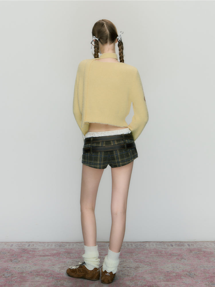 Plaid Double Leather Waist Belt Spliced Low Rise Shorts