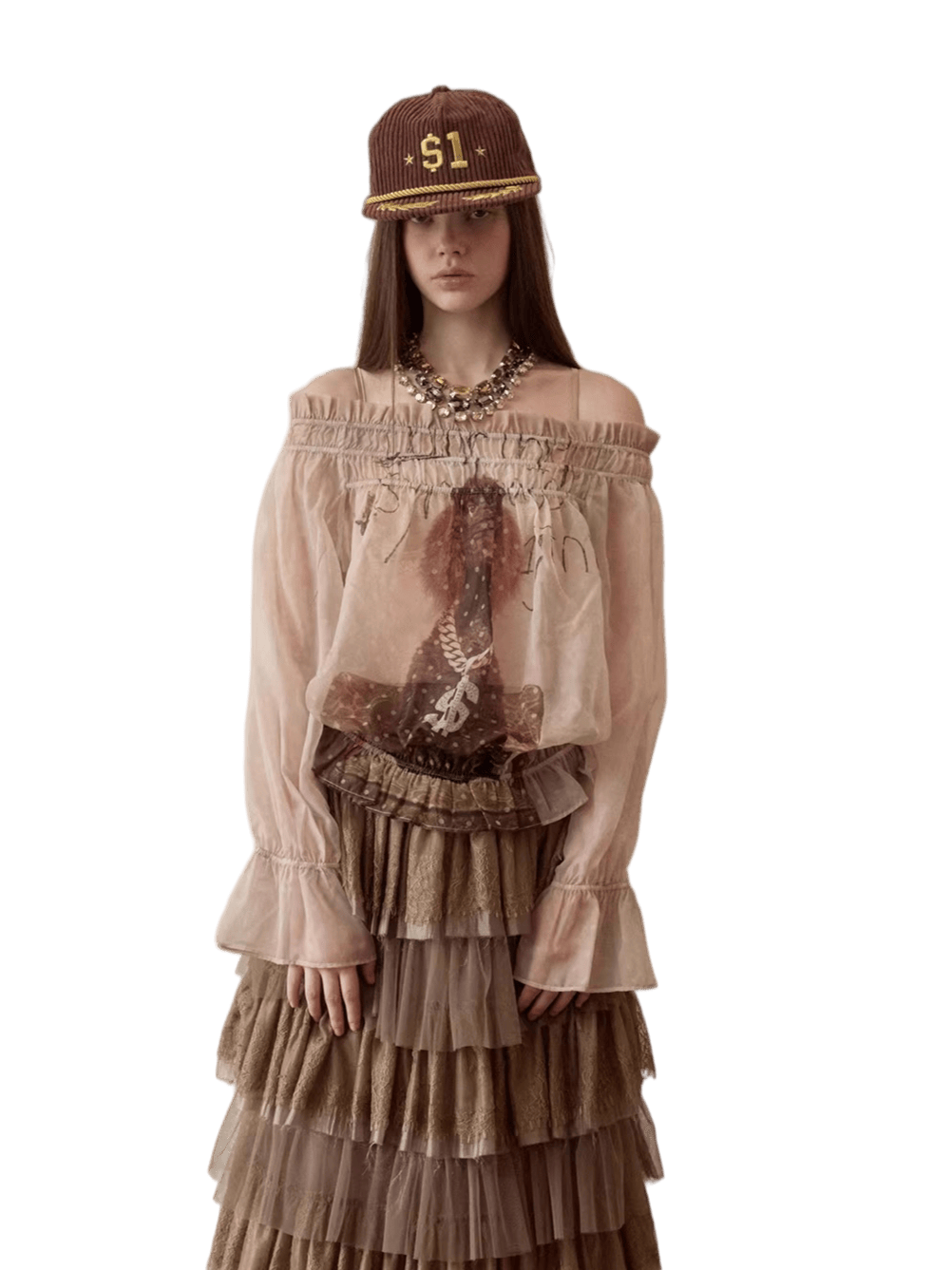 Sheer Chiffon Graphic Long-Sleeve Top