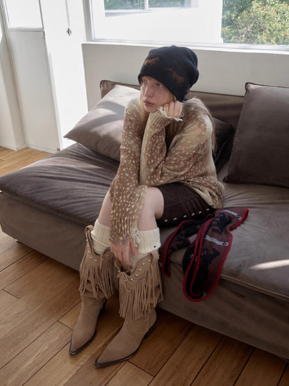 Pointed-Toe Studded Tassel Martin Boots