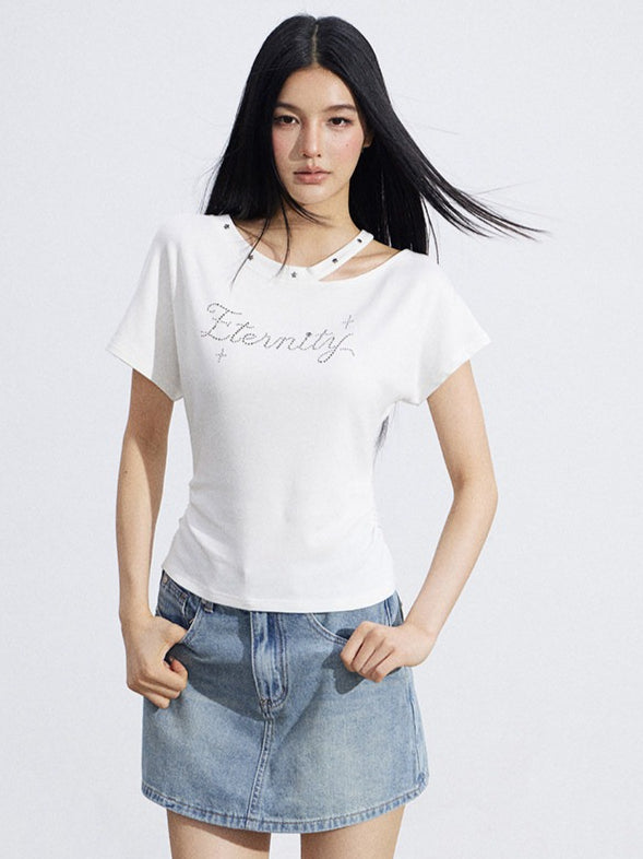 Rhinestone Off-Shoulder Slim-Fit T-Shirt