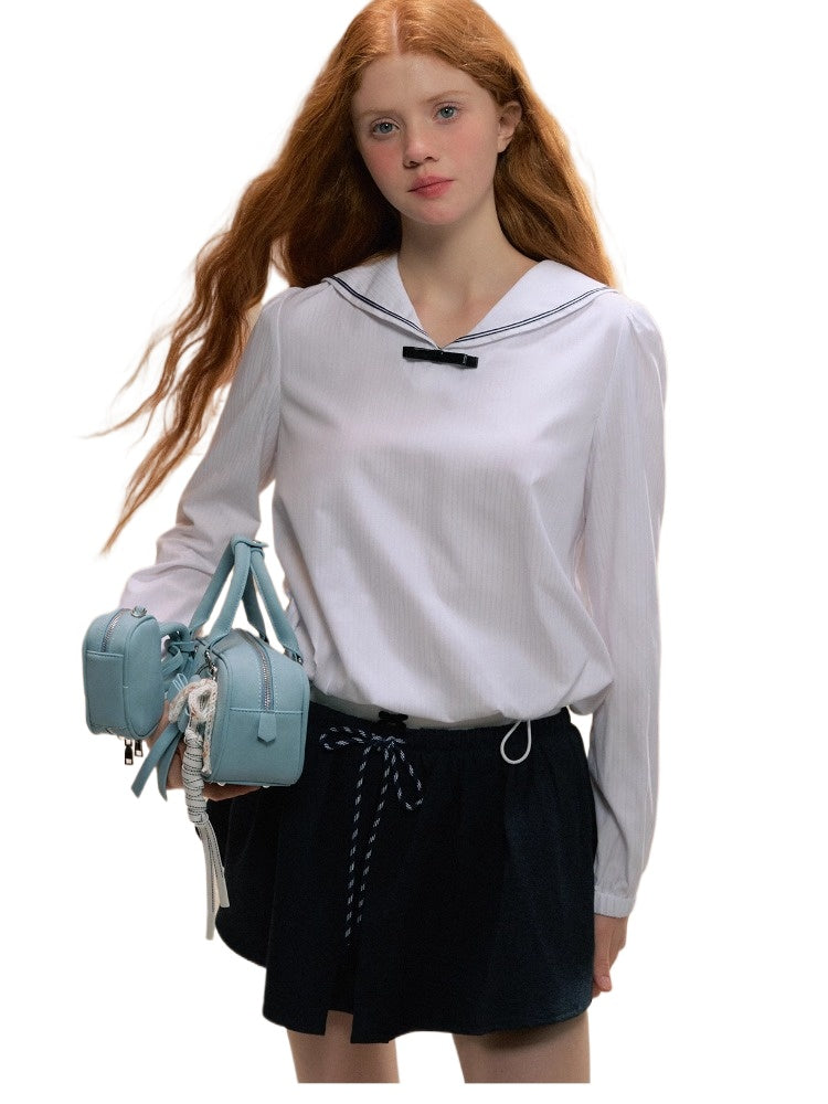 White Navy Collar Retro Long Sleeve Shirt