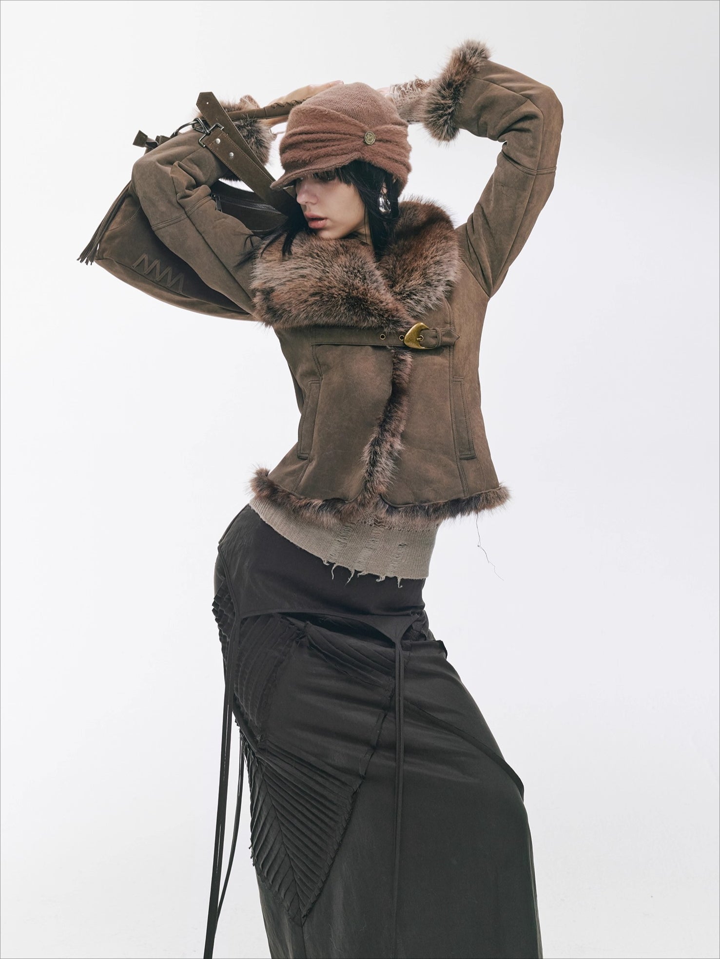 Vintage Asymmetric Shearling-Effect Suede Jacket