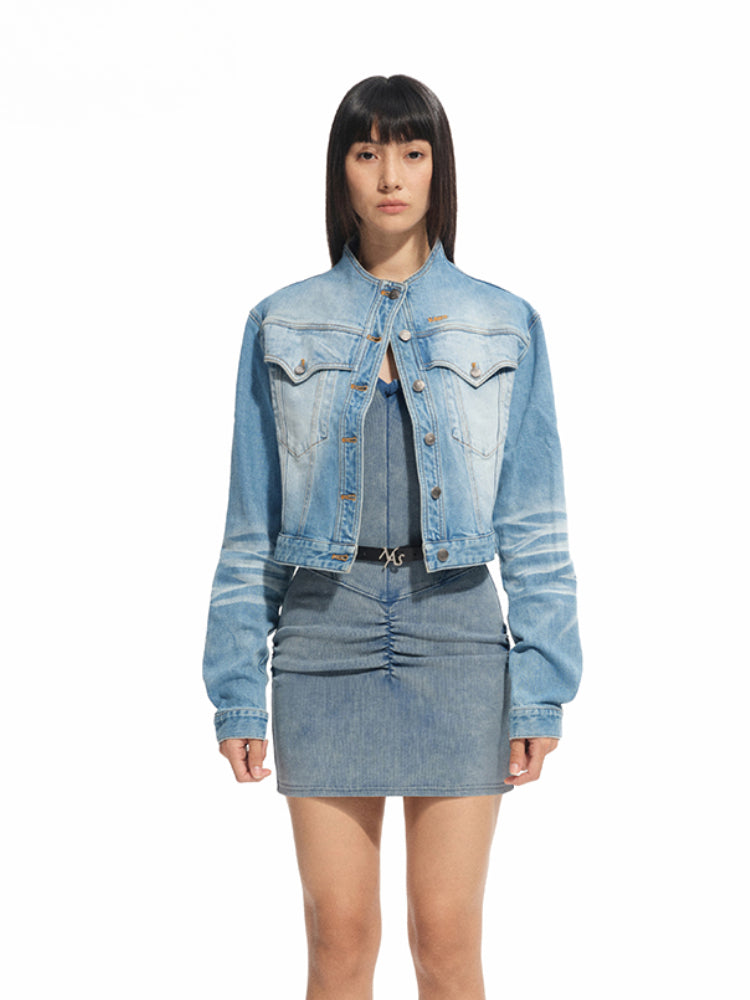 Twill Denim Cat-Whisker Stand-Collar Cropped Jacket - CHINASQUAD