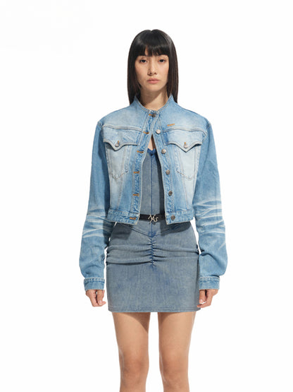 Twill Denim Cat-Whisker Stand-Collar Cropped Jacket - CHINASQUAD