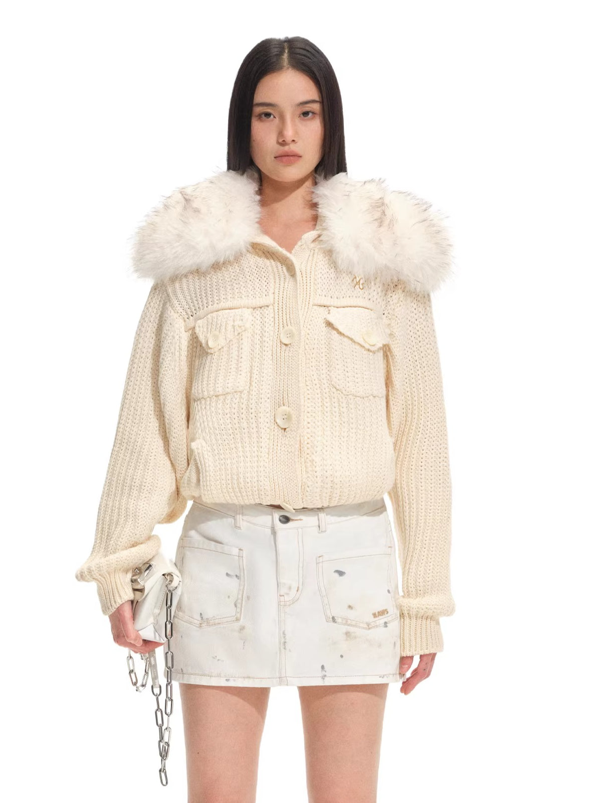 Faux Fur Collar Wool Knit Cardigan