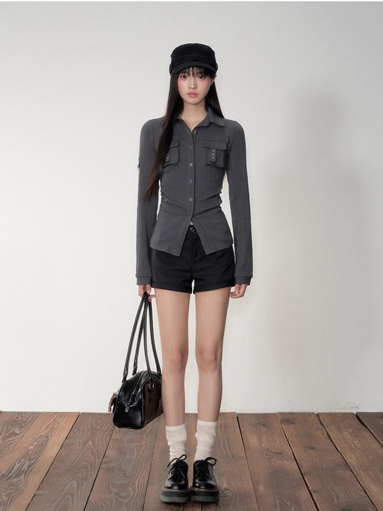 Striped Rivet 3D Pocket Fitted Shirt