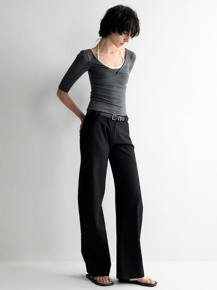 Twist Neck Waist-Tying T-shirt