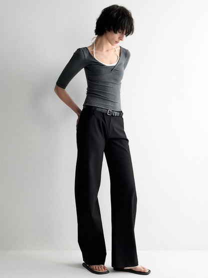 Twist Neck Waist-Tying T-shirt