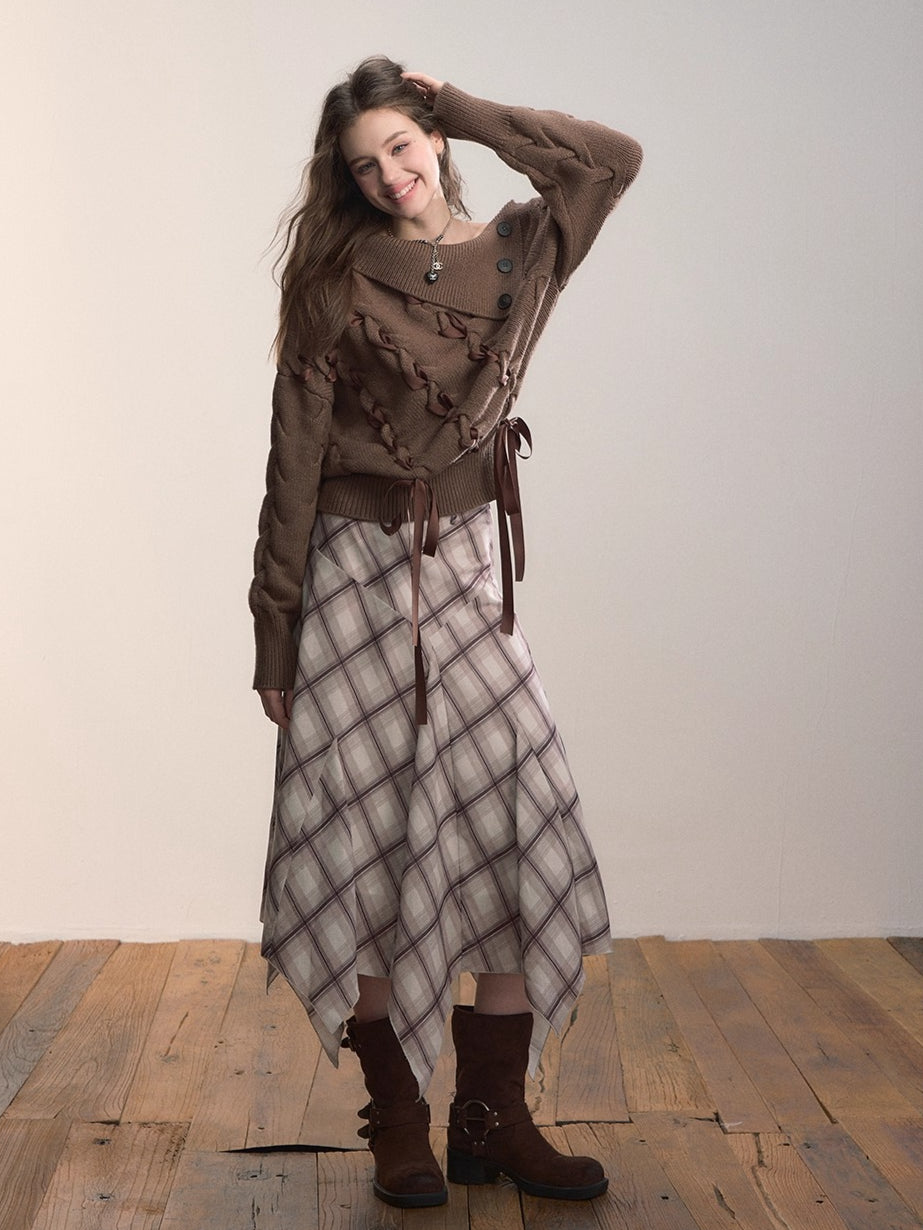 Irregular Hem Plaid Midi Skirt