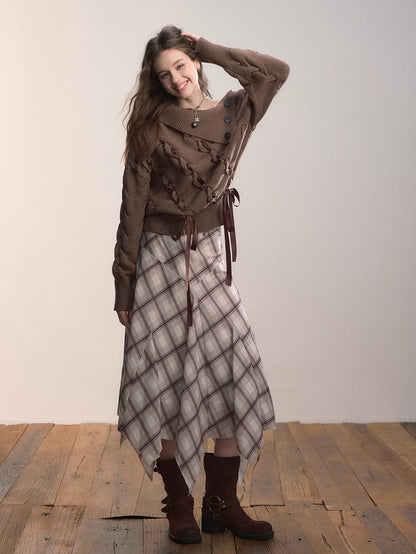 Irregular Hem Plaid Midi Skirt