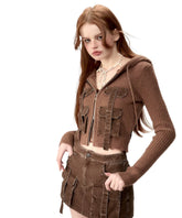 Coffee & Gray Patchwork Drawstring Cardigan - CHINASQUAD