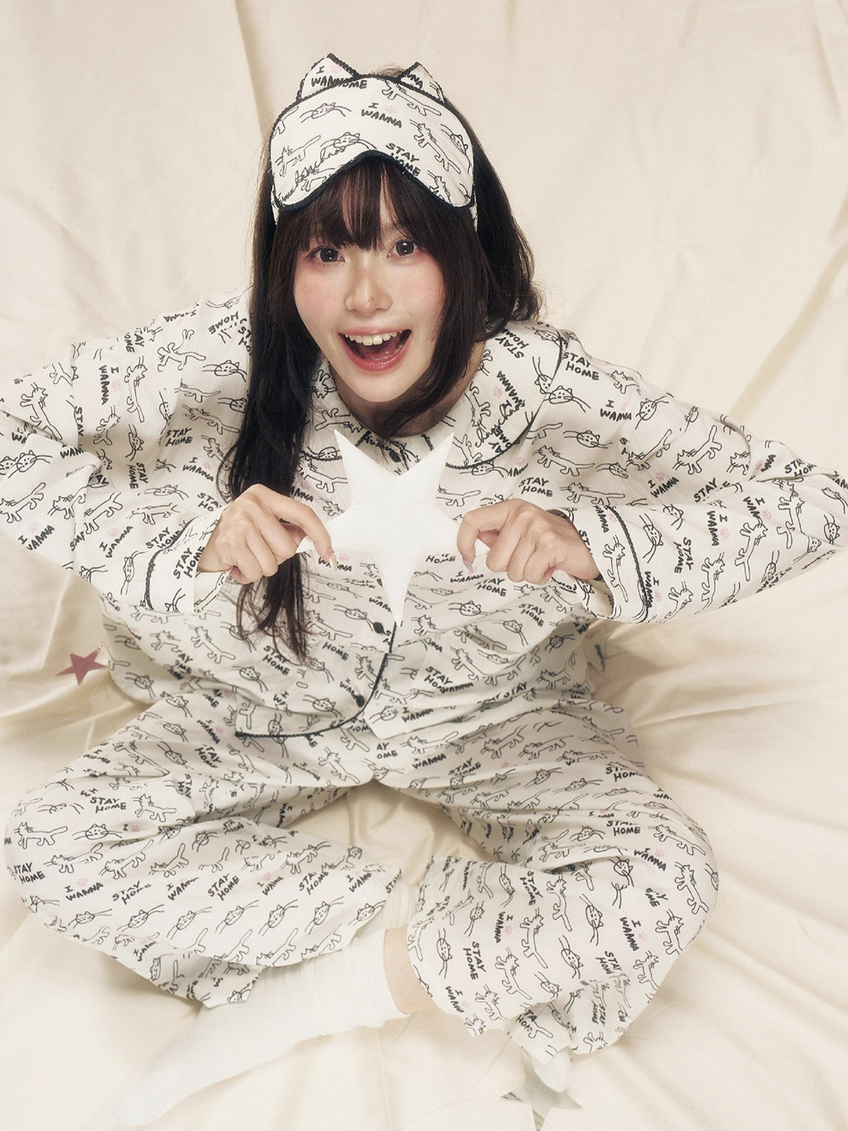 Ruffle Collar Cat Print Pajama Set
