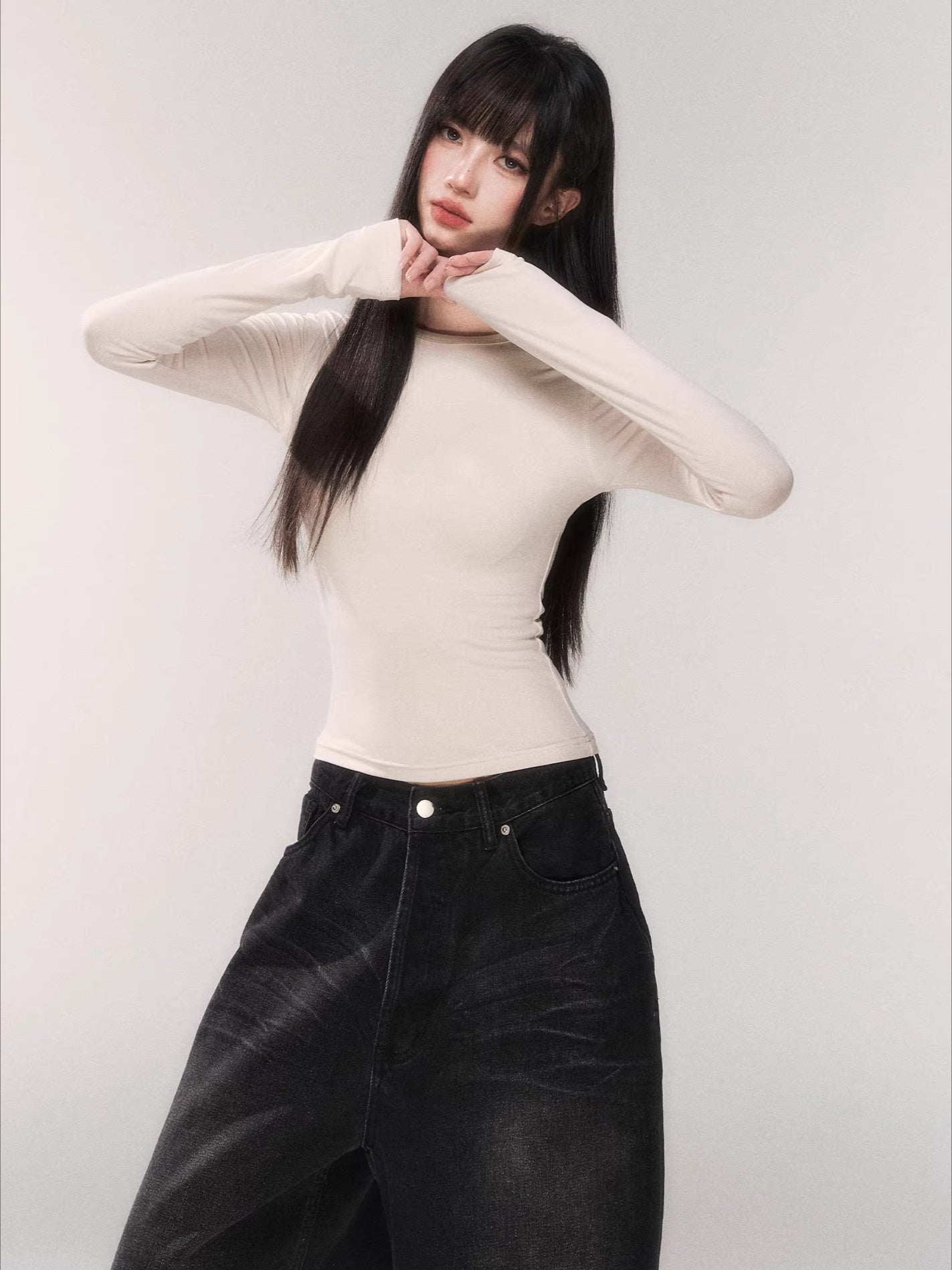 Waist-Cinching Long-Sleeve Crewneck Base Tee