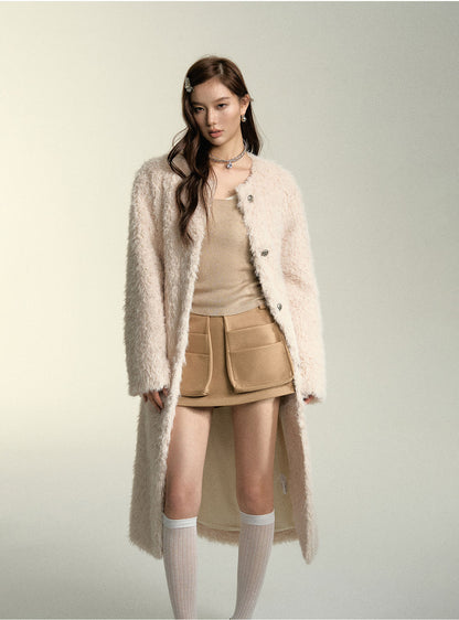 Khaki &amp; Milk White Long Suede Fur Coat - CHINASQUAD