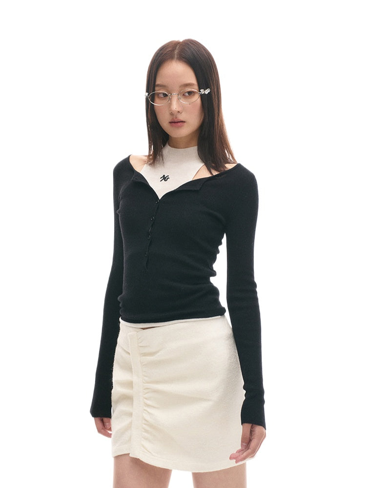 Reversible Buttoned Turtleneck Long-Sleeve Stretch Fitted Top