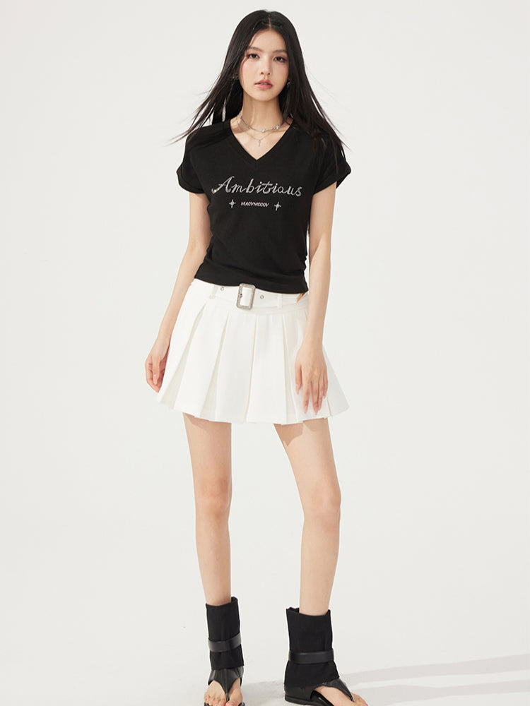 V-neck Waist-cinching Rhinestone Tee - CHINASQUAD