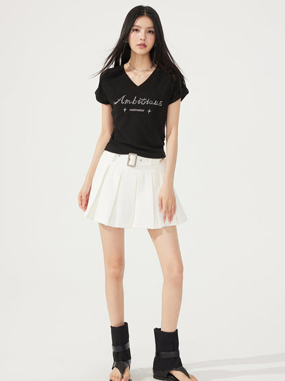 V-neck Waist-cinching Rhinestone Tee - CHINASQUAD