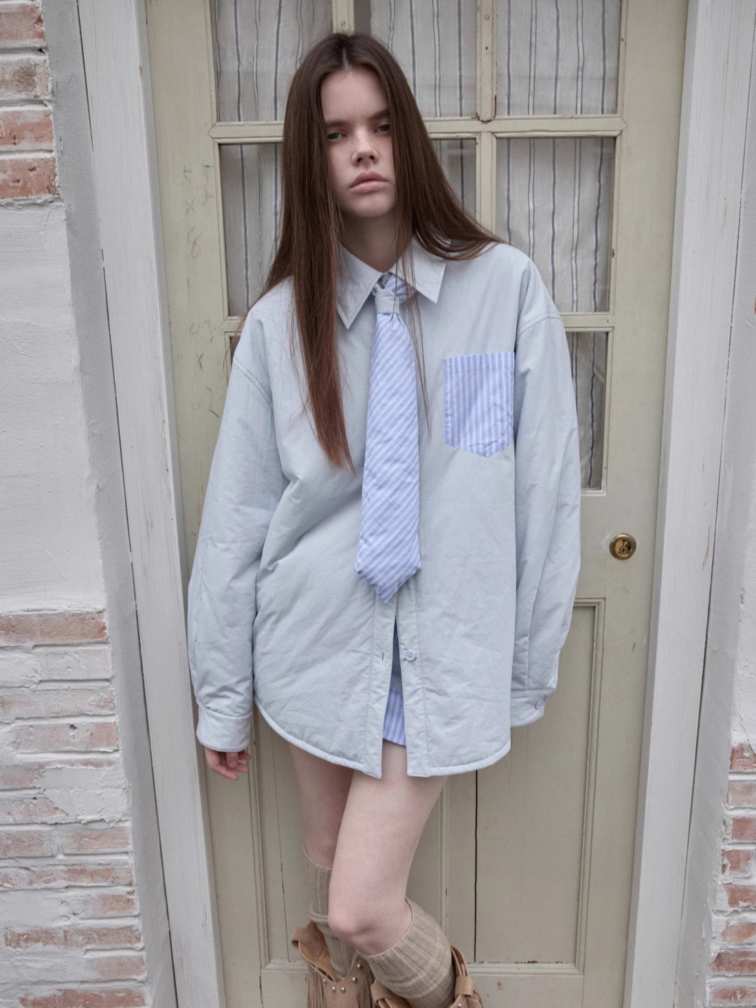 Embroidered Striped Reversible Jacket Set