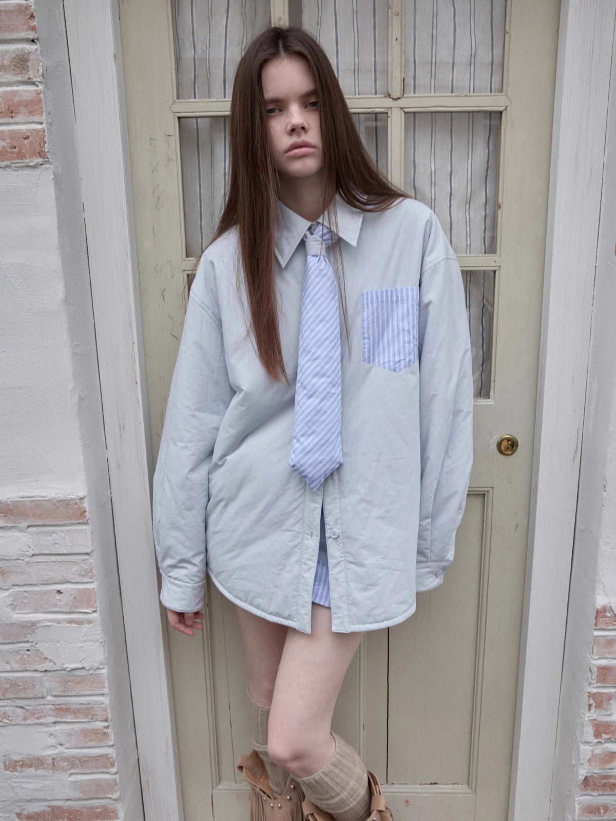 Embroidered Striped Reversible Jacket Set