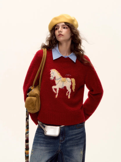 Wool Blend Horse Jacquard Embroidered Sweater
