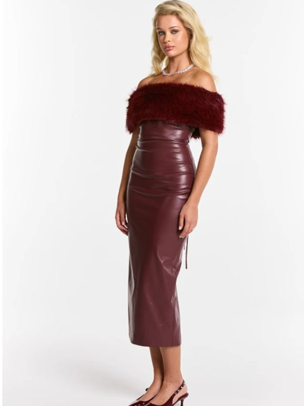 Detachable Fur Collar Off-Shoulder Belted Leather Dress