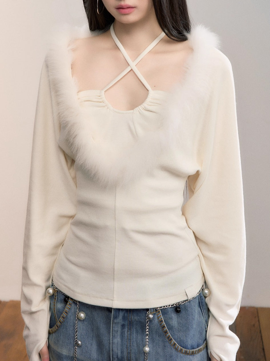 Fox Fur Panel Layered Knit V-neck