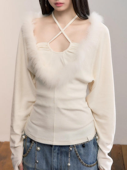 Fox Fur Panel Layered Knit V-neck
