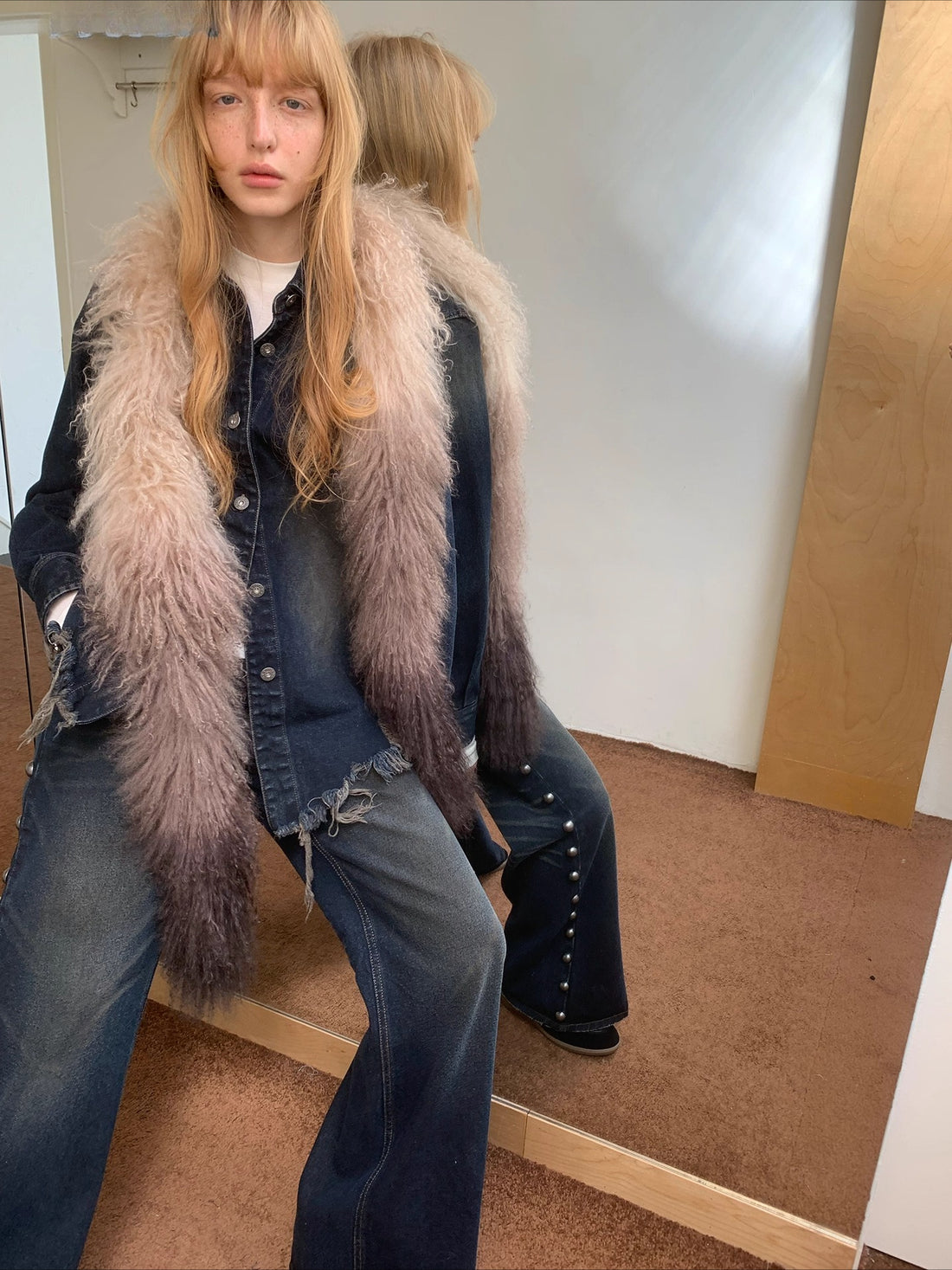 Ombre Shearling Wool Long Scarf