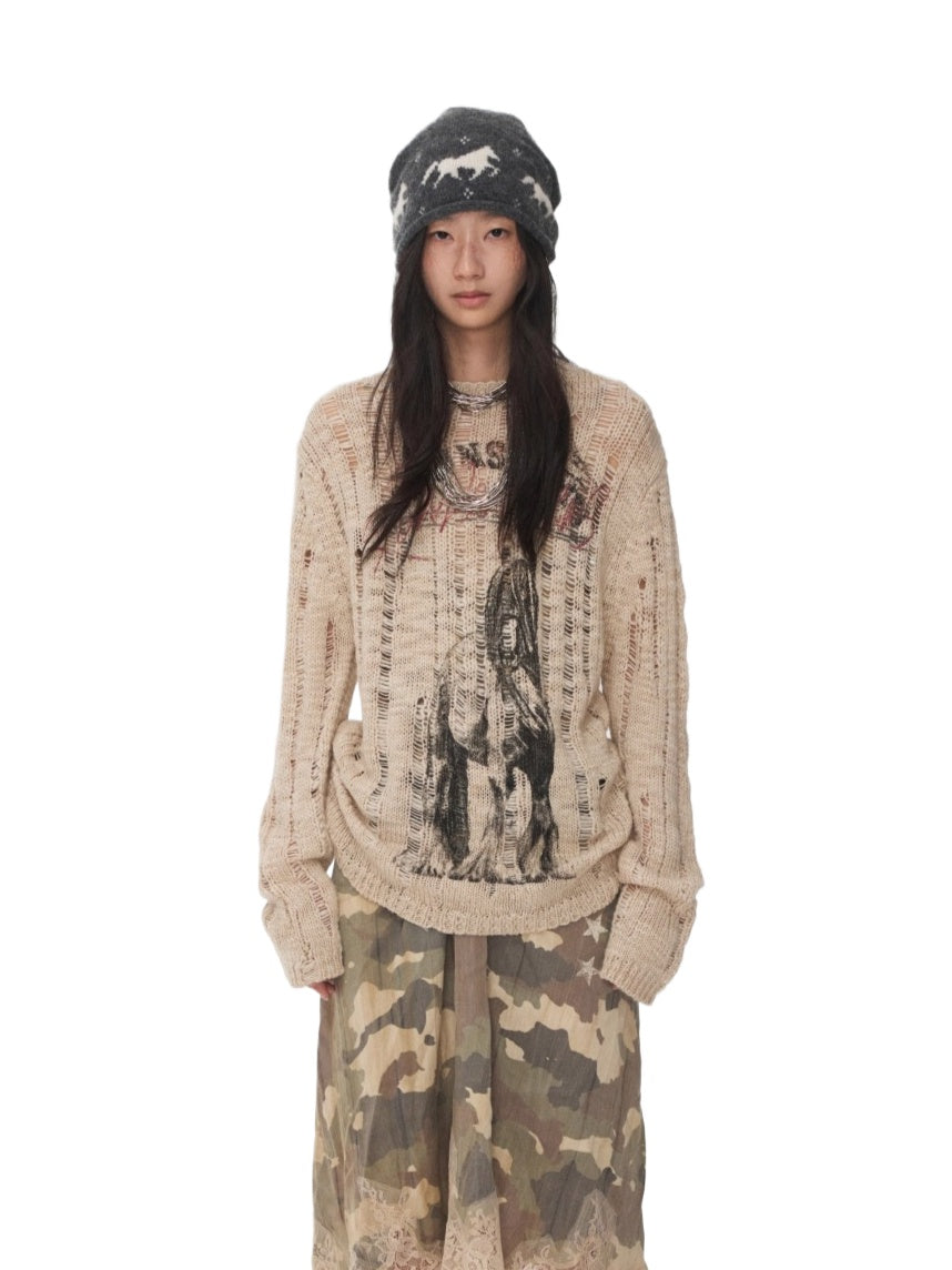 Icelandic Animal Pattern Open-Knit Sweater
